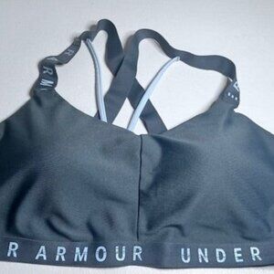 Under Armour Sports Bra – XL – Gray w/ Light Blue Lettering – Removable Padding
